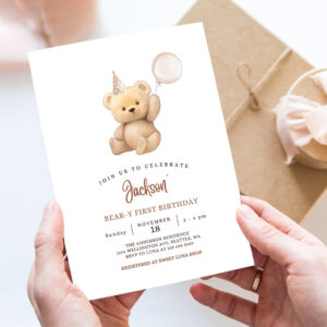 editable any age brown boy teddy bear birthday invitation balloon beary 1st birthday invite printable template