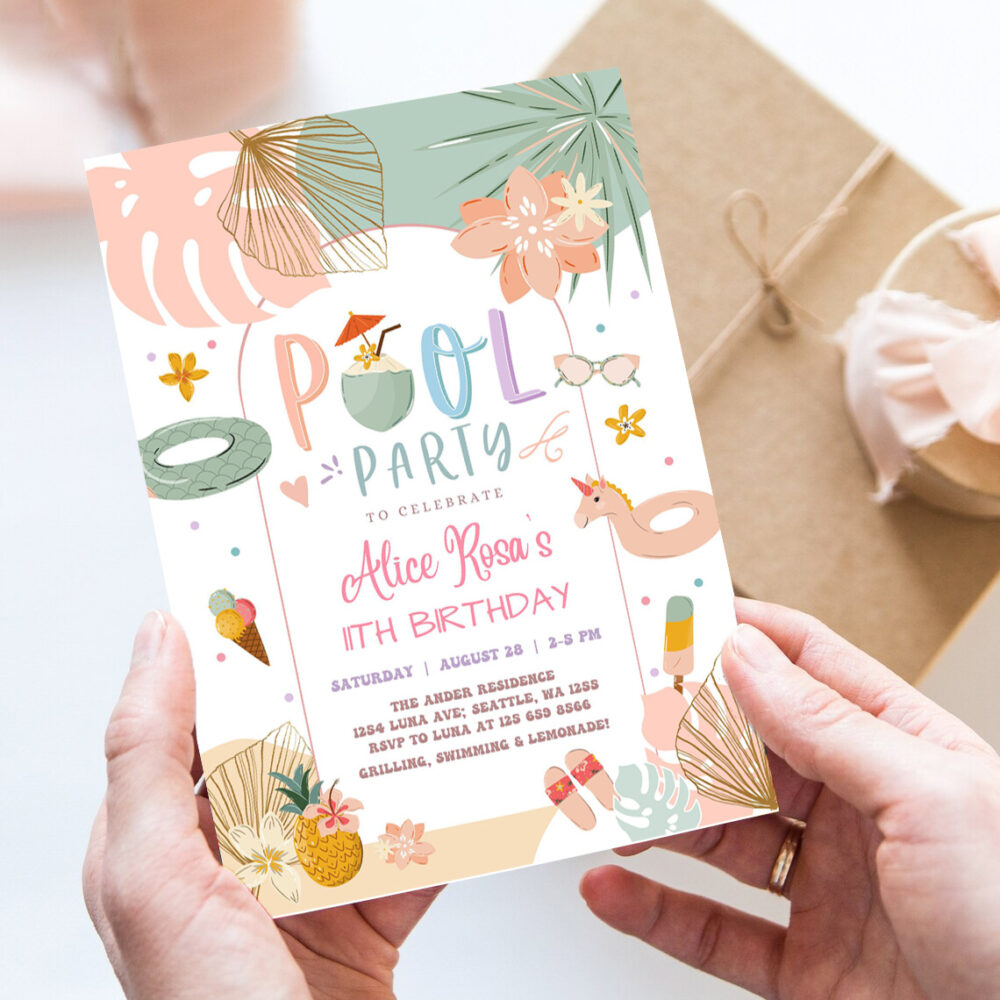 editable any age girl tropical pool party birthday invitation modern simple chic pool party birthday invite