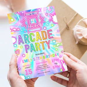 editable arcade party birthday invitation tie dye neon video gaming arcade birthday party neon glow gaming party