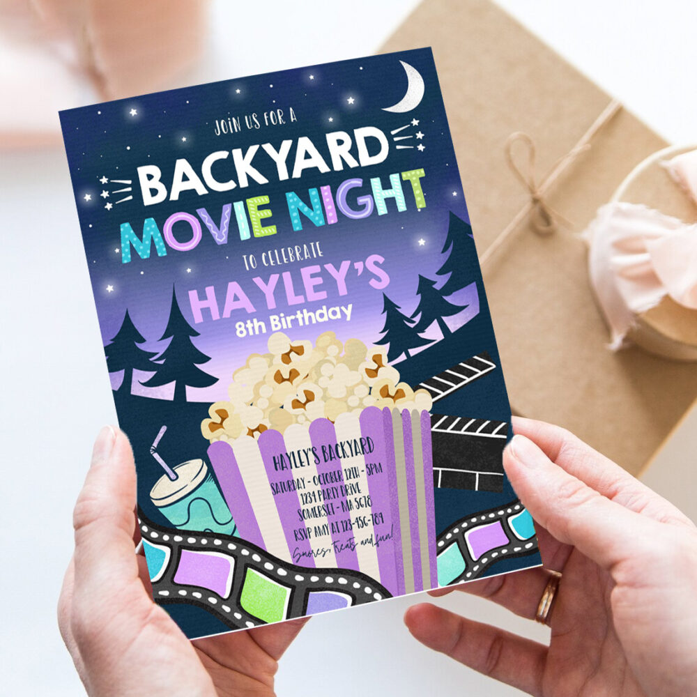 editable backyard movie night birthday invitation outdoor movie party movie under the stars party movie sleepover party