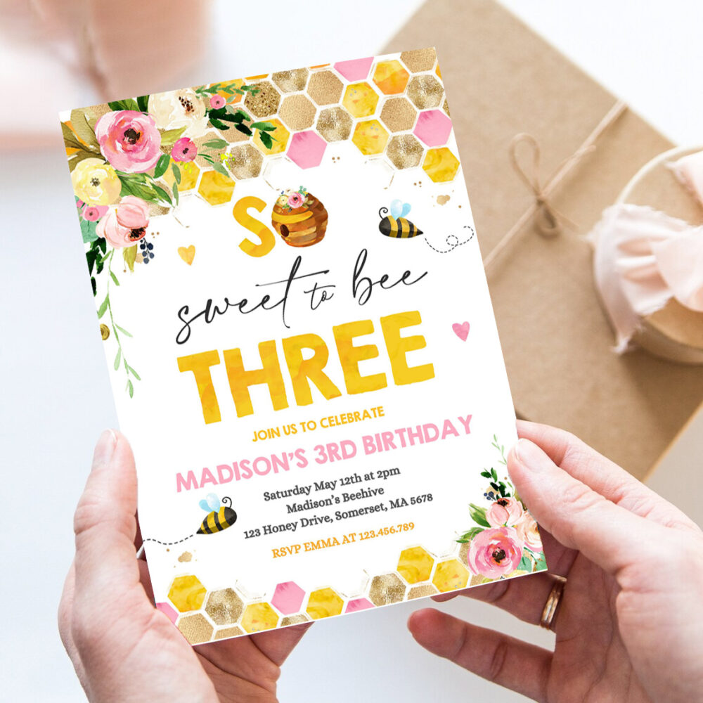 editable bee birthday invitation honey bee birthday pink yellow floral bumble bee party so sweet to bee three party