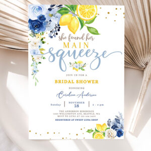 editable blue lemon bridal shower invitation blue floral citrus she found her main squeeze invite template