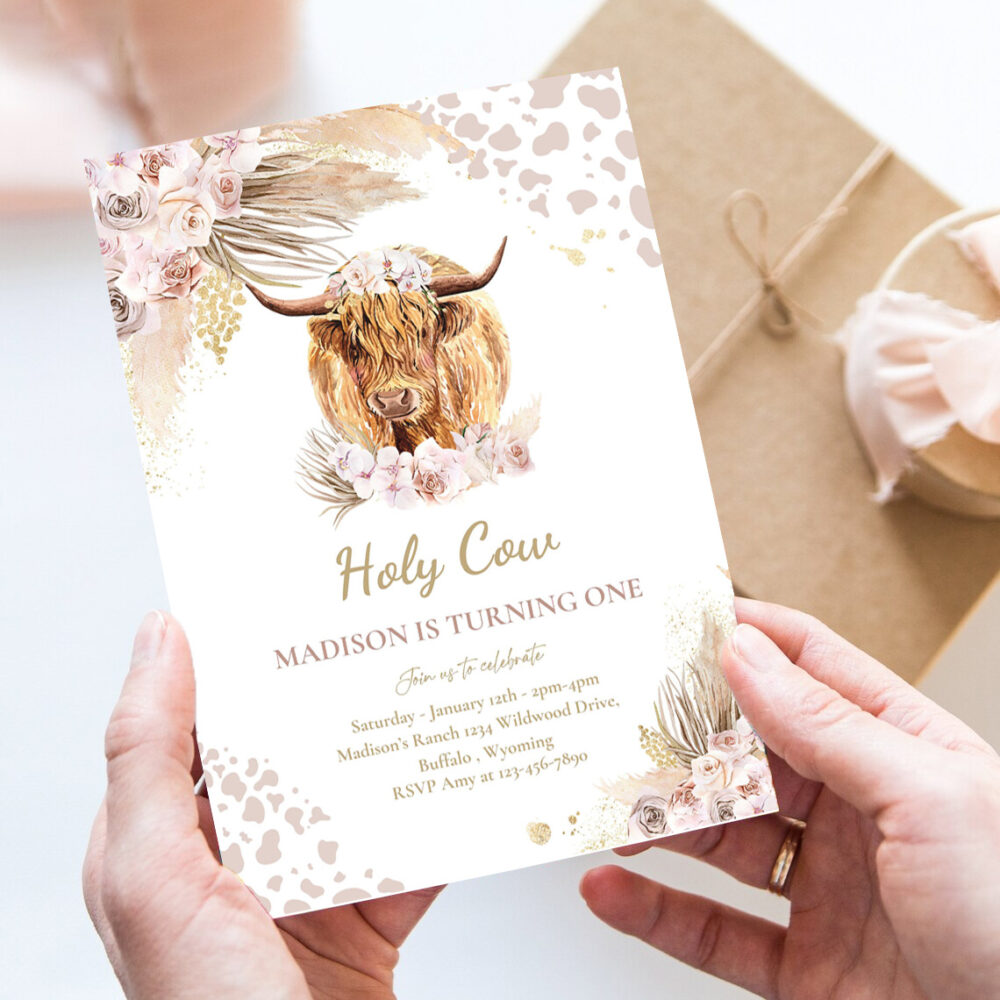 editable boho cow birthday party invitation holy cow im one party pink pampas grass boho highland cow party