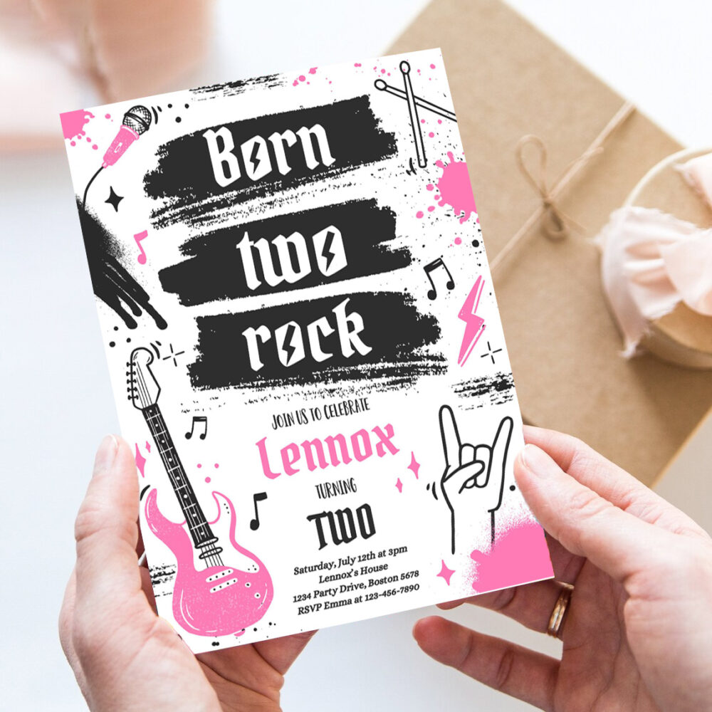 editable born two rock 2nd birthday party invitation girl rock and roll party punk rock birthday two rocks 2nd birthday