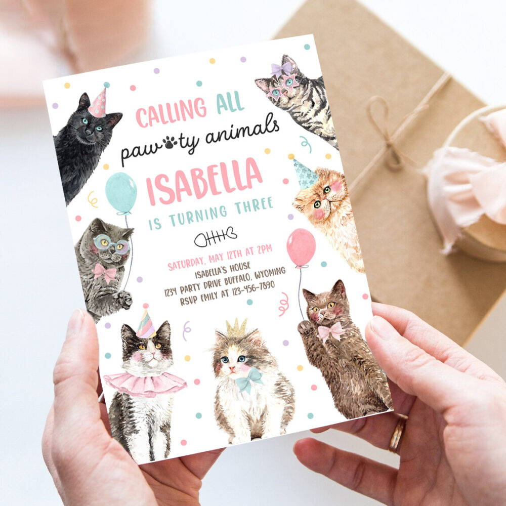 editable calling all paw ty animals kitten birthday party invitation cat birthday party lets pawty kitty cat party