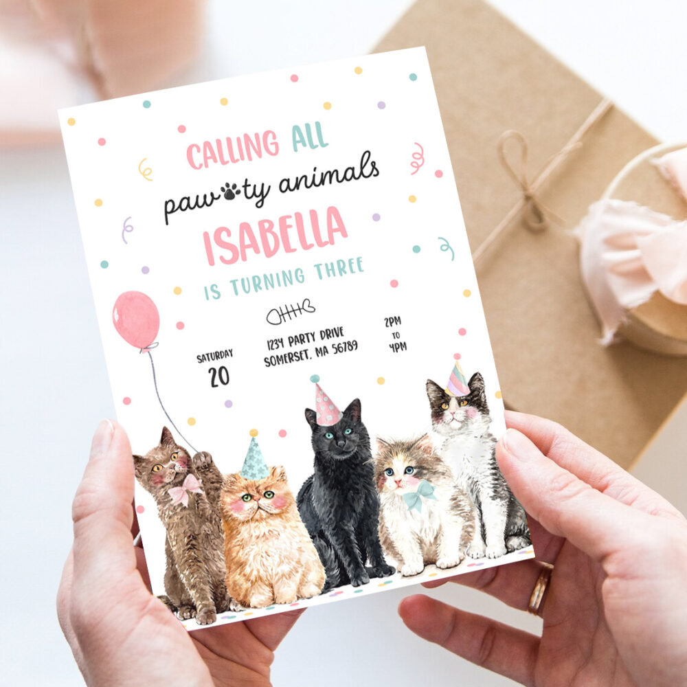 editable calling all paw ty animals kitten birthday party invitation cat birthday party lets pawty kitty cat party invite