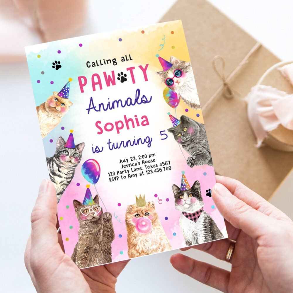 editable cat birthday party invitation kitten birthday invite calling all pawty animals party animals download printable template