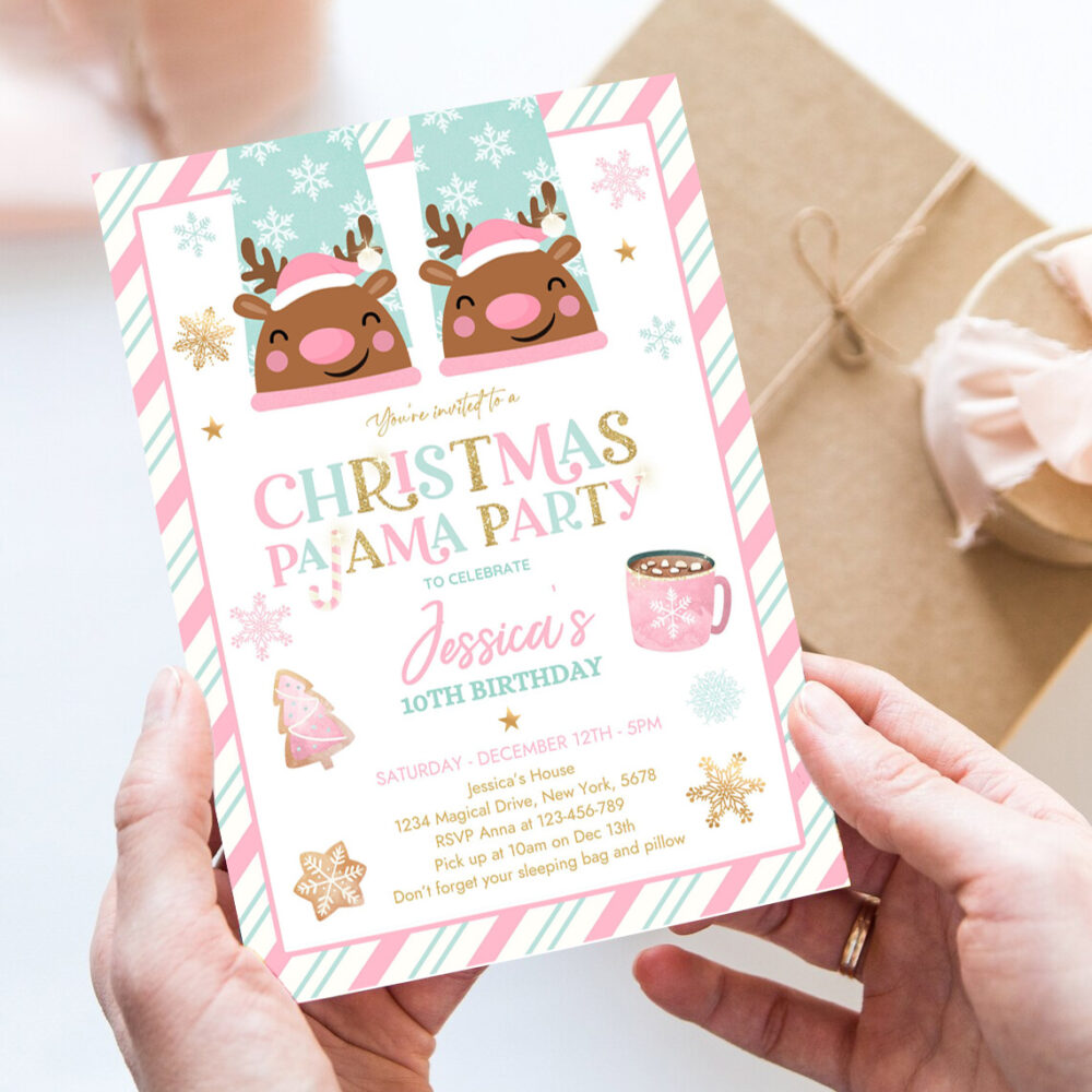editable christmas pajama birthday party invitation girly pink gold slumber party invitation holiday pajama party
