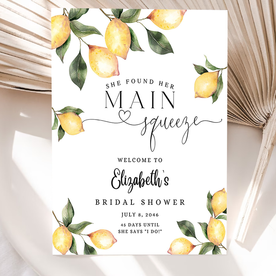editable citrus lemon bridal shower welcome sign rustic she found her main squeeze welcome sign printable template