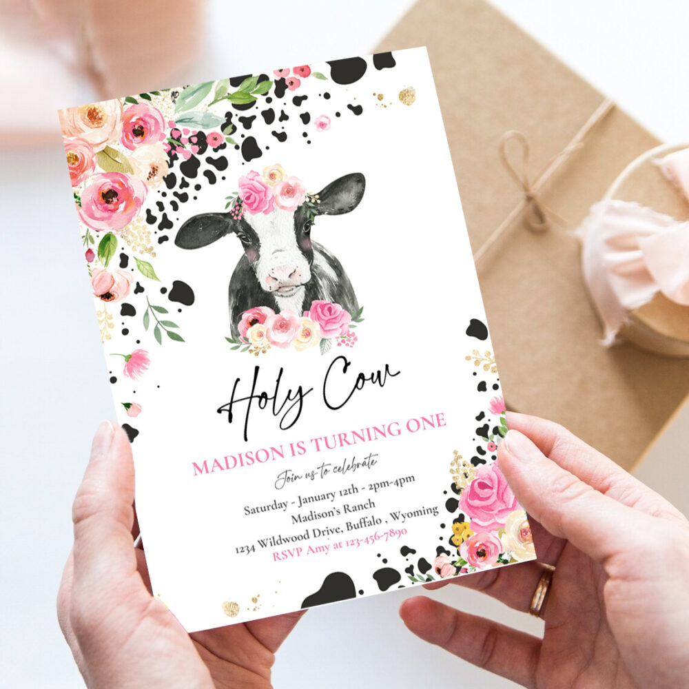 editable cow birthday party invitation holy cow im one birthday party pink floral farm cow 1st birthday party