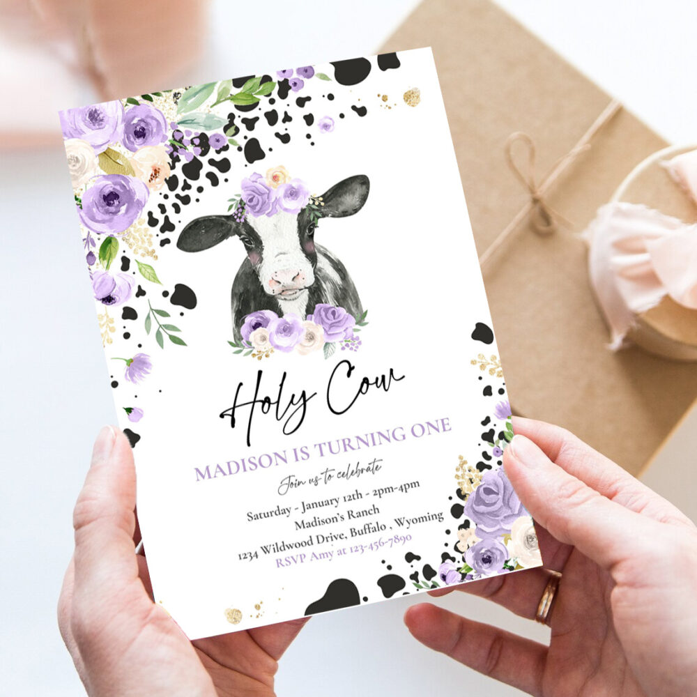 editable cow birthday party invitation holy cow im one birthday party purple lilac floral farm cow 1st birthday party