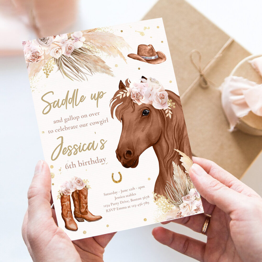 editable cowgirl birthday invitation boho horse birthday party invite muted pink tone pampas grass cowgirl horse party