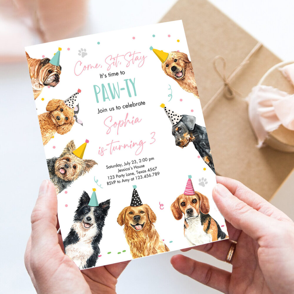editable dog birthday party invitation puppy birthday invite pink girl doggy shelter animal pet party invitation