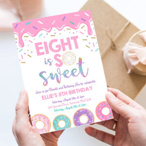 editable donut eight is sweet birthday invitation girl donut 8th birthday party pink donut birthday part