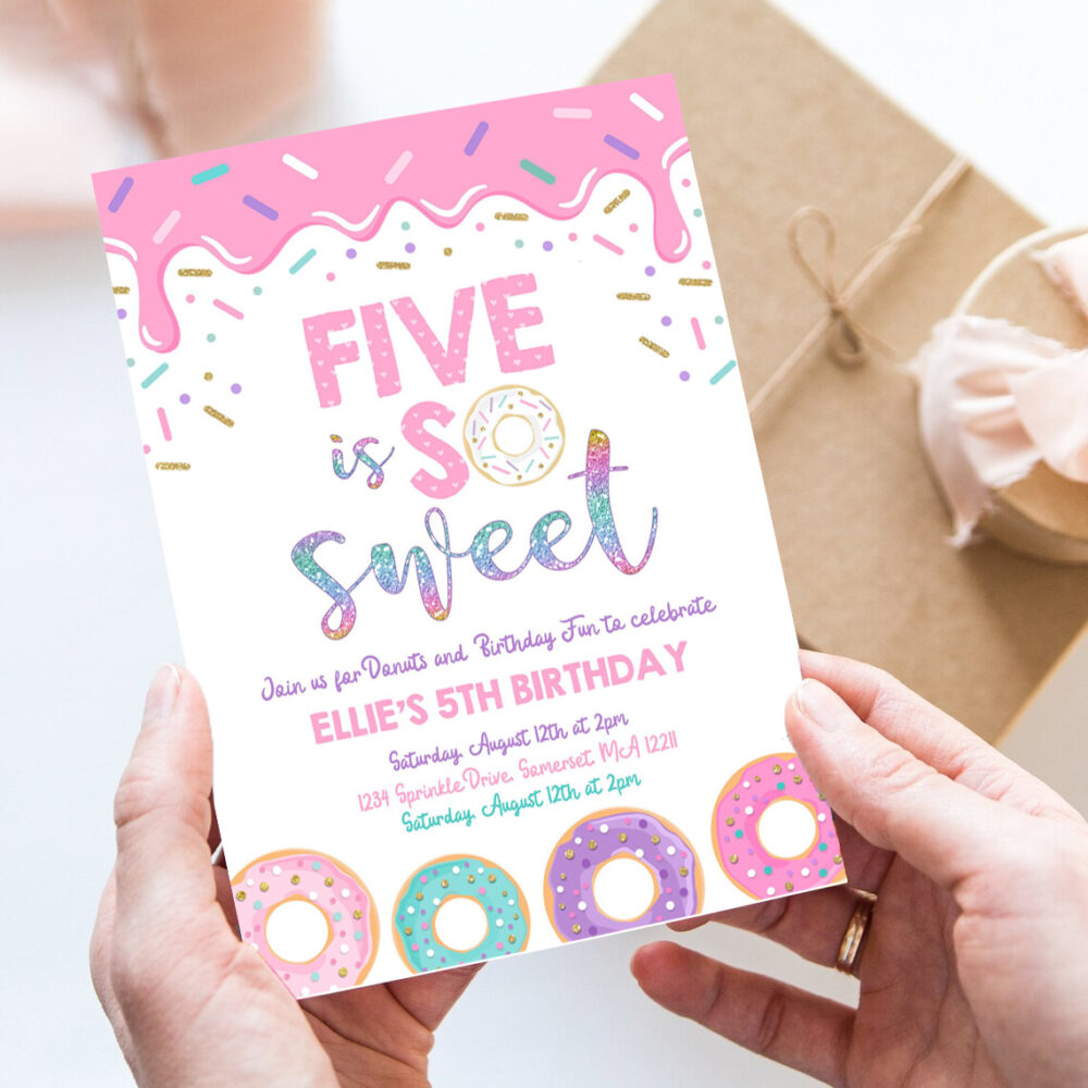 editable donut five is sweet birthday invitation girl donut 5th birthday party pink donut birthday party