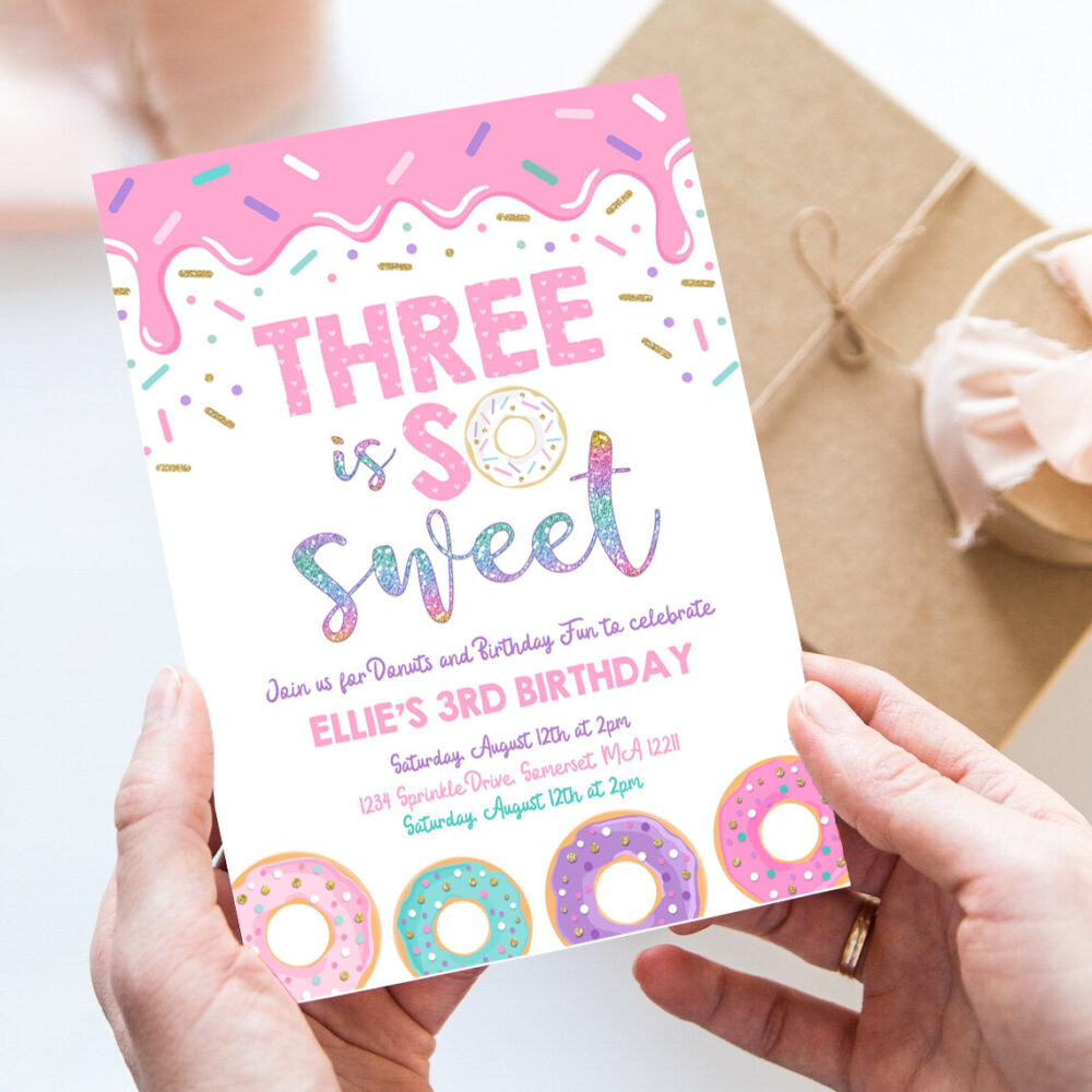 editable donut three is sweet birthday invitation girl donut 3rd birthday pink donut birthday party