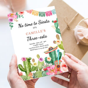 editable fiesta birthday party invitation three esta 3rd birthday no time to siesta lets fiesta watercolor cactus party