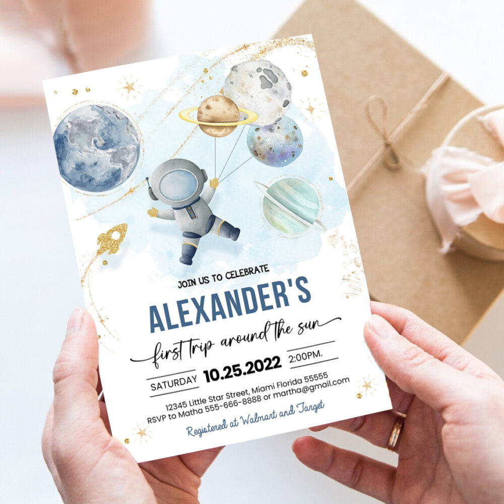 editable first trip around the sun outer space first birthday invitation galaxy blast off printable invitation