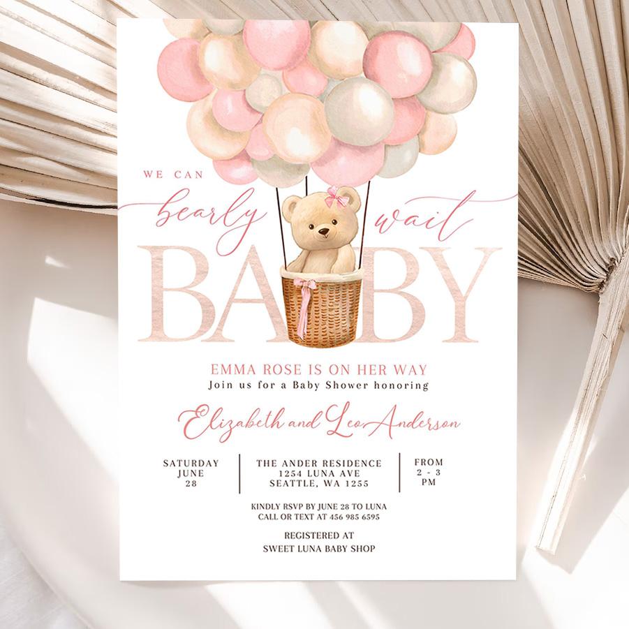 editable girl teddy bear hot air balloon bear theme baby shower invitation we can bearly wait invites template