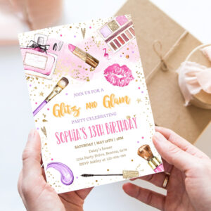 editable glitz and glam birthday party invitation spa makeup birthday invitation blush pink gold spa tween party