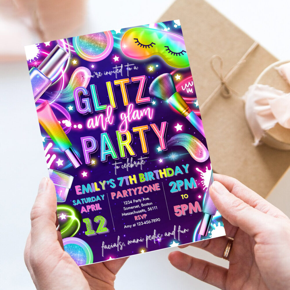 editable glitz and glam spa makeup birthday invitation neon glow spa party invitation glam makeup glow birthday party