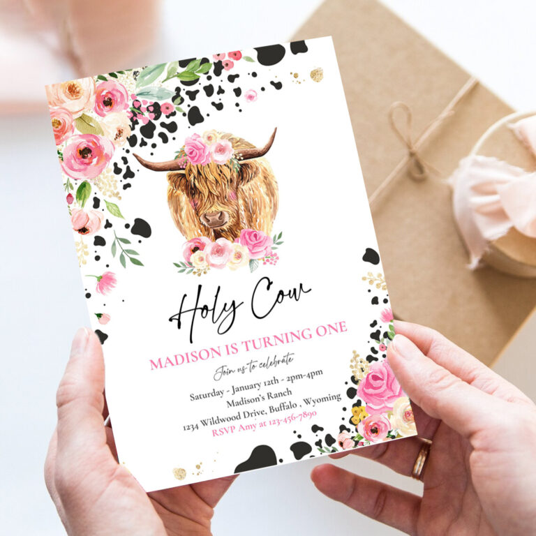 editable holy cow im one 1st birthday party invitation pink floral farm ranch highland cow 1st birthday party invitation