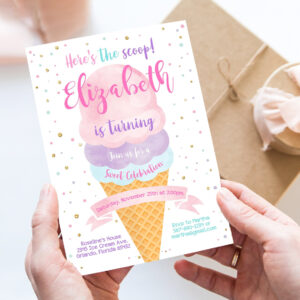 editable ice cream birthday invitation first birthday party heres the scoop cone pink mint gold purple printable template