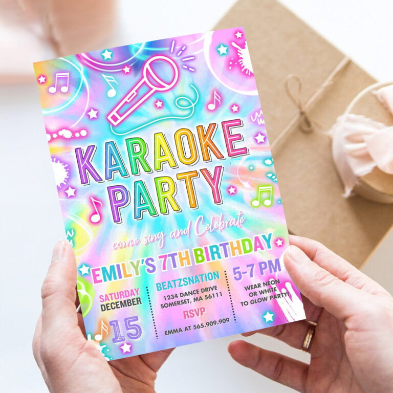 editable karaoke birthday party invitation tie dye karaoke birthday neon glow tie dye karaoke party music singing party