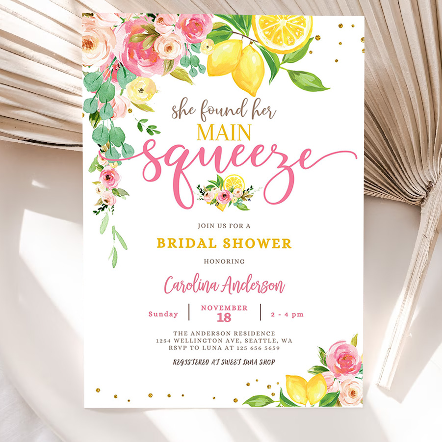 editable lemon bridal shower invitation pink floral citrus she found her main squeeze invite