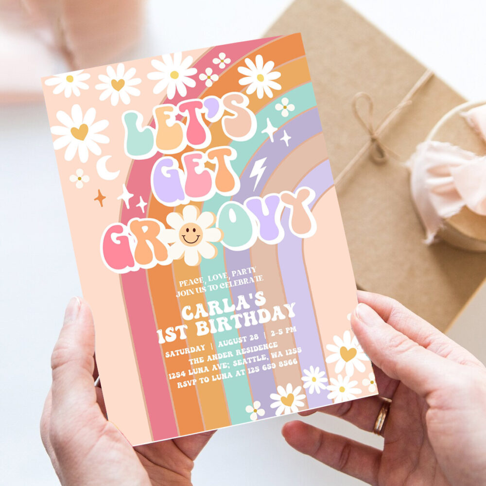 editable lets get groovy invite daisy rainbow groovy 3rd birthday invite hippie retro birthday invitation