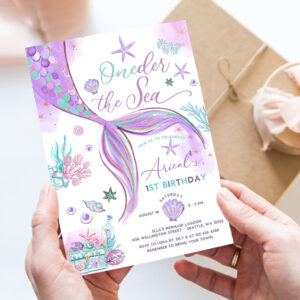 editable oneder the sea mermaid purple teal first 1st mermaid birthday little mermaid invite printable template