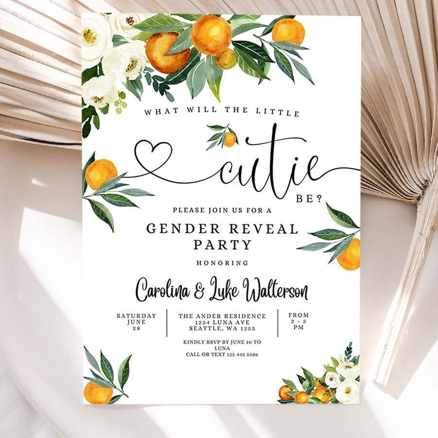 editable orange gender reveal party invitation a little cutie is on the way citrus gender reveal invites template