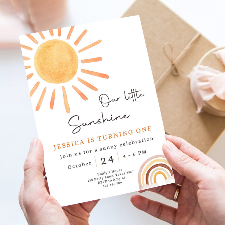 editable our little sunshine birthday invitation 1st you are my sunshine party neutral boho download printable template