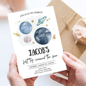 editable outer space first birthday invitation galaxy blast off first trip around the sun party invitation
