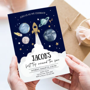editable outer space first birthday invitation galaxy blast off first trip around the sun party invitation template