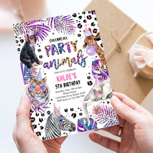 editable party animals birthday invitation holographic rainbow cheetah print safari animals party invitation