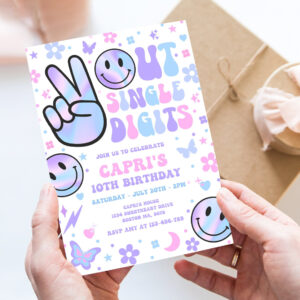 editable peace out single digits birthday party invitation holographic groovy 10th birthday hippie double digits party