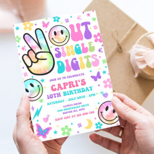 editable peace out single digits birthday party invitation tie dye groovy tween 10th birthday hippie double digits party