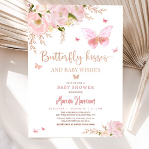 editable pink rose gold butterfly kisses and baby wishes baby shower sprinkle invitation invite printable template
