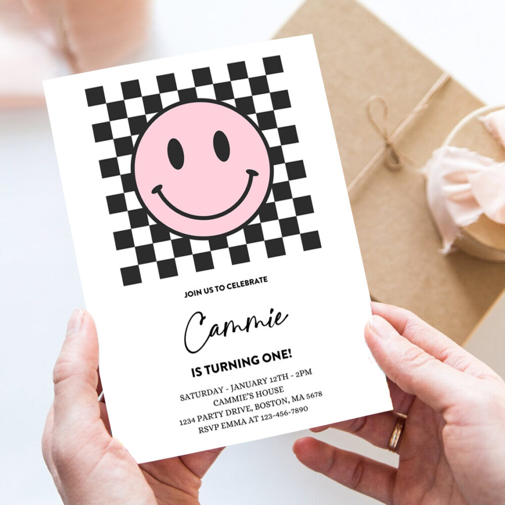 editable pink smiley face 1st birthday invitation one happy girl 1st birthday happy face birthday hipster 1st birthday