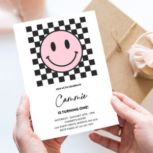 editable pink smiley face 1st birthday invitation one happy girl 1st birthday happy face birthday hipster 1st birthday