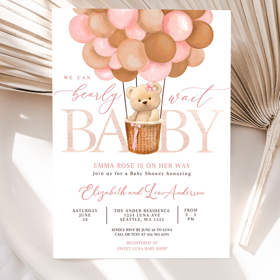 editable pink tan girl teddy bear hot air balloon bear baby shower invitation we can bearly wait invites template