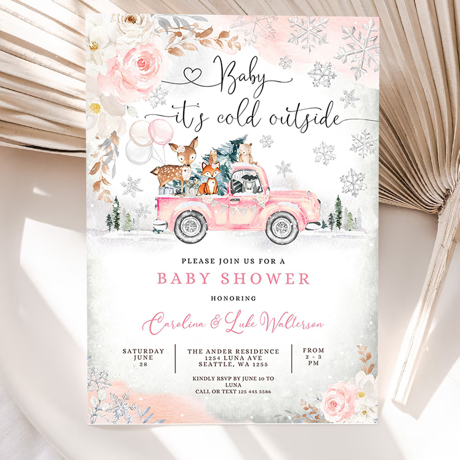 editable pink winter woodland deer bear baby shower invitation girl blush truck baby its cold outside invite