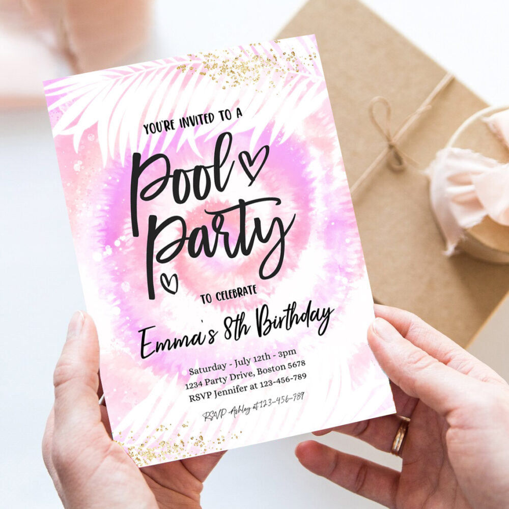 editable pool party invitation girly pink purple tie dye pool party invite pool birthday summer swimming pool party
