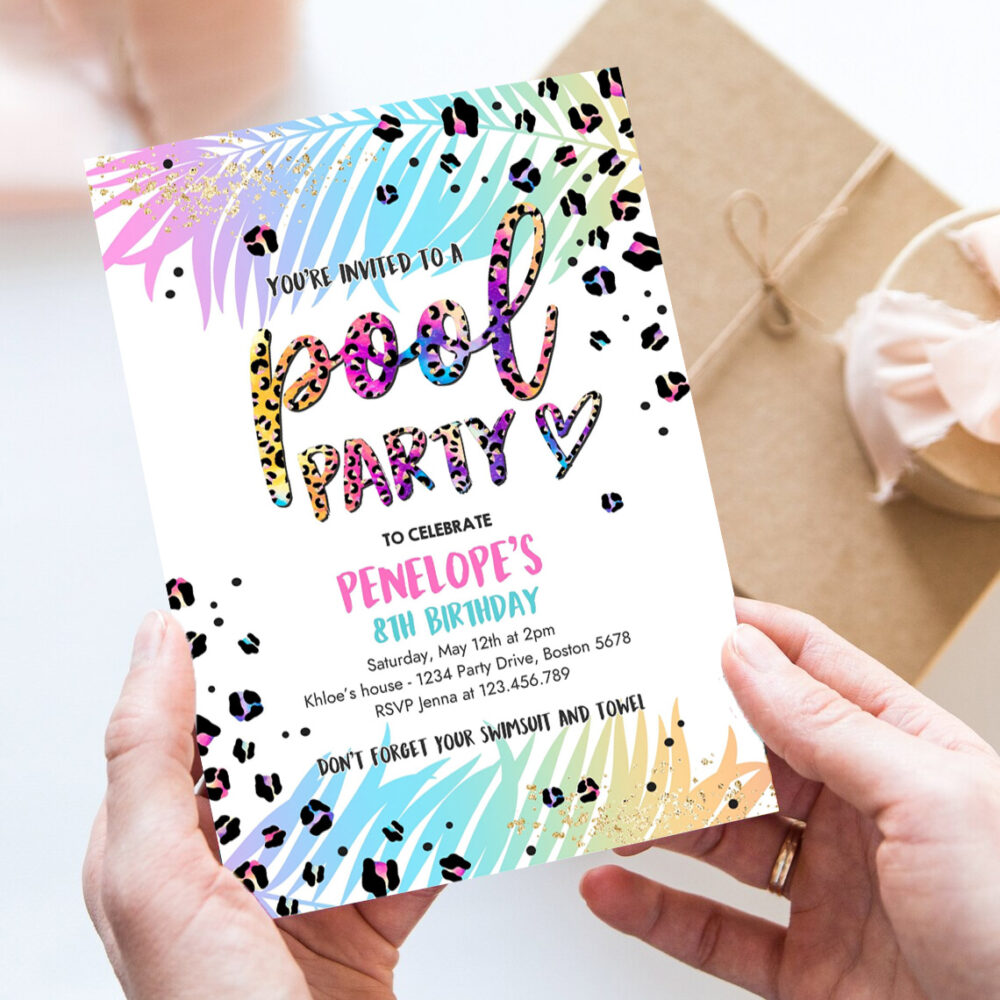 editable pool party invitation girly rainbow cheetah print pool birthday party summer pool party bash birthday party