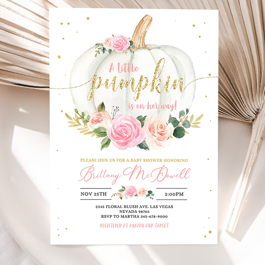 editable pumpkin baby shower invitation floral pink and gold girl little pumpkin baby shower invites fall autumn