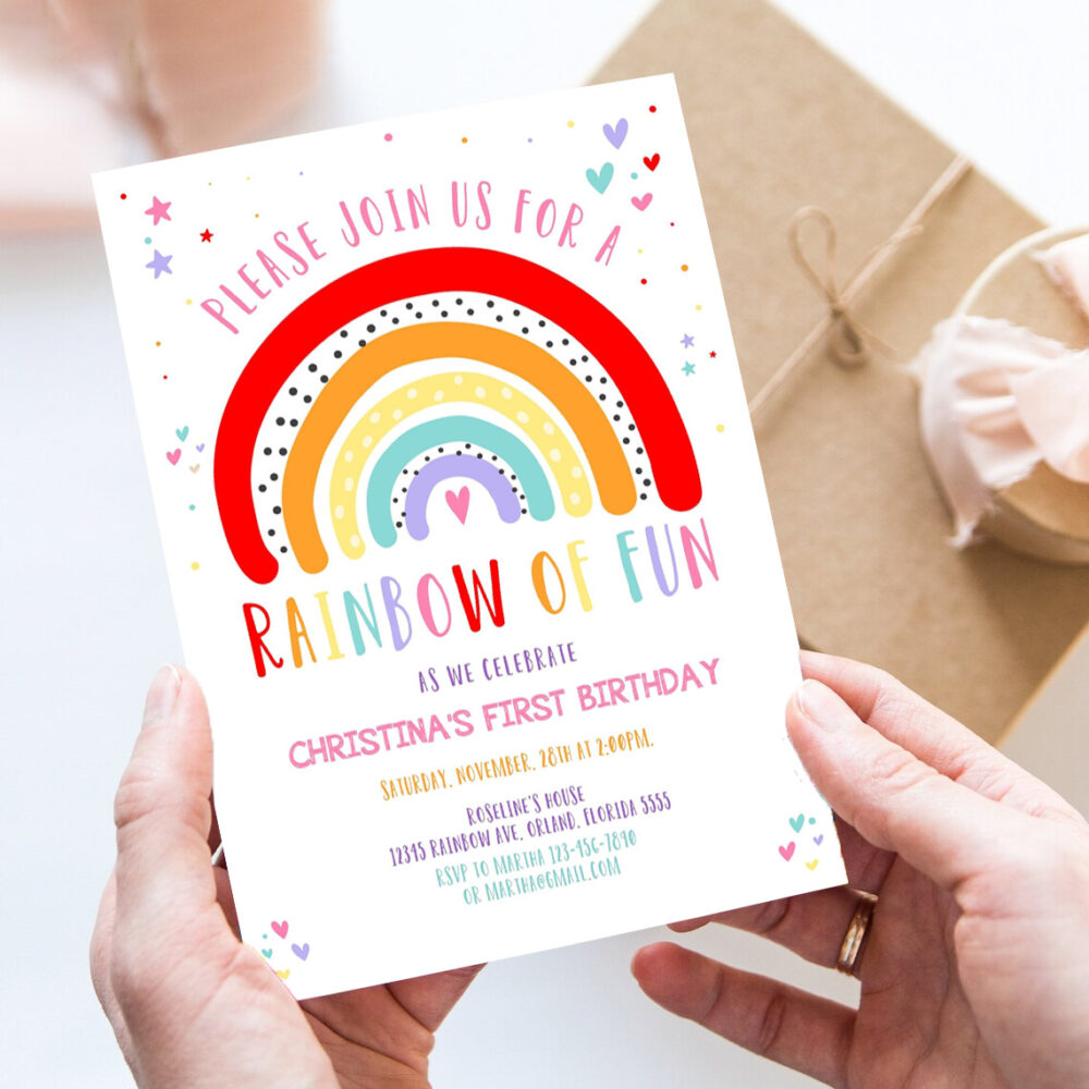 editable rainbow birthday invitation girls rainbow party gold rainbow clouds rainbow of fun printable
