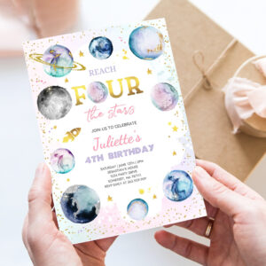 editable reach four the stars space birthday invitation girl pink planets galaxy outer space birthday party