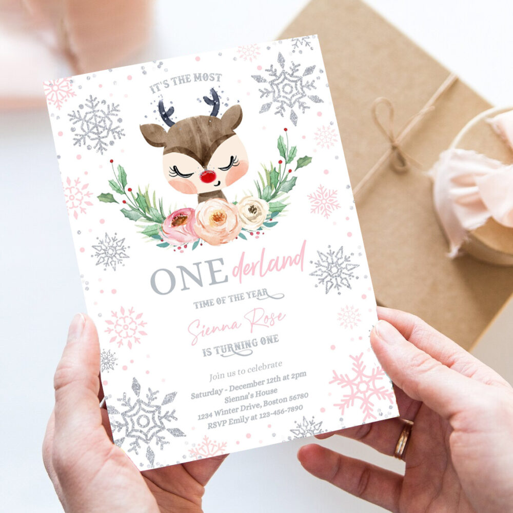 editable reindeer winter onederland birthday invitation pink silver most onederful time of the christmas birthday