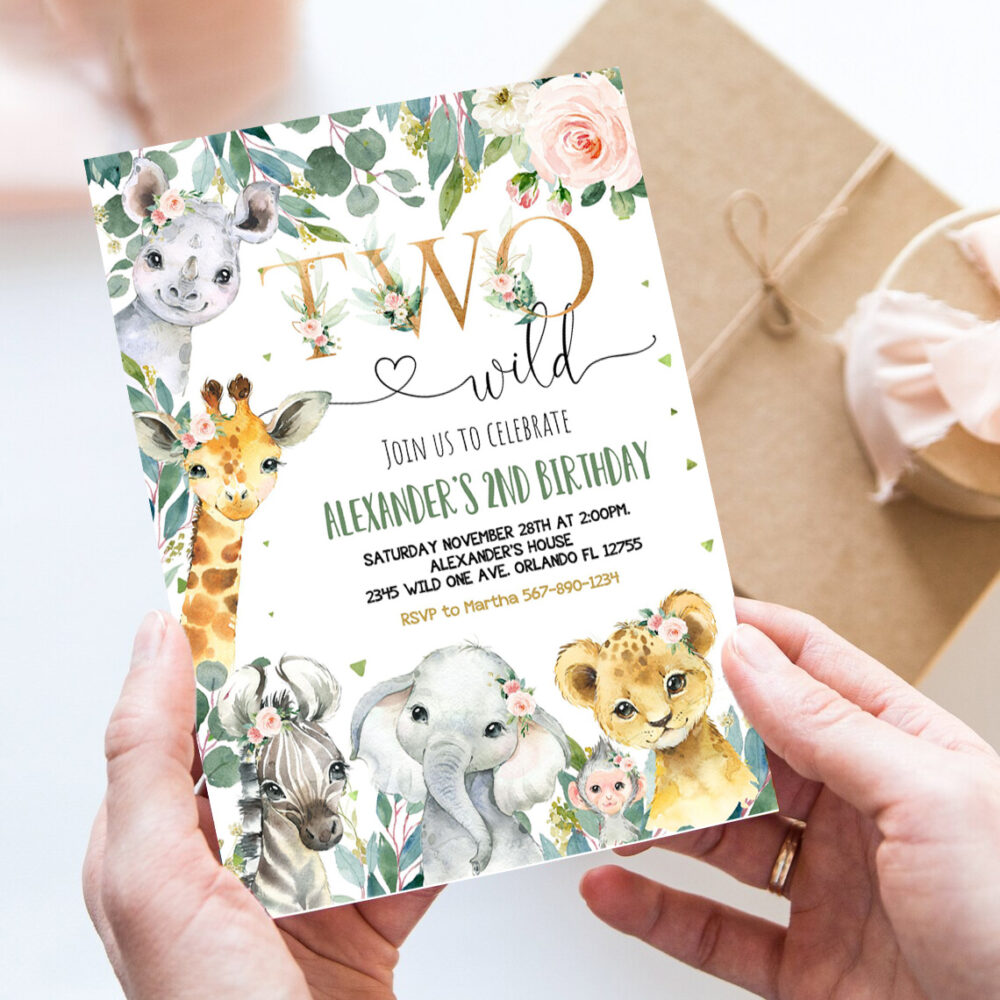 editable safari birthday invitation girl two wild birthday invite 2nd gold jungle animals invitations printable template